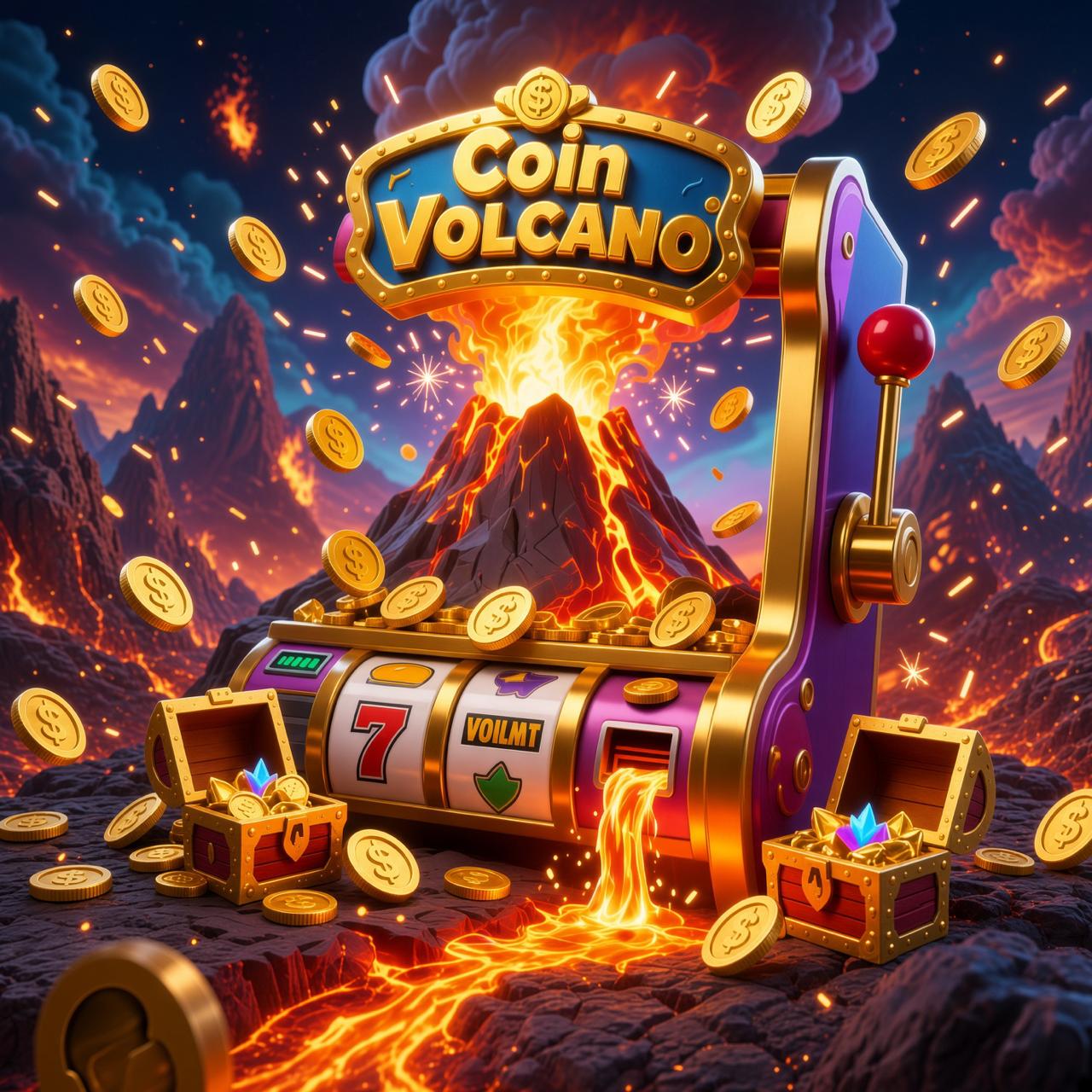 Máquina Coin Volcano com vulcão em erupção, lava e moedas douradas